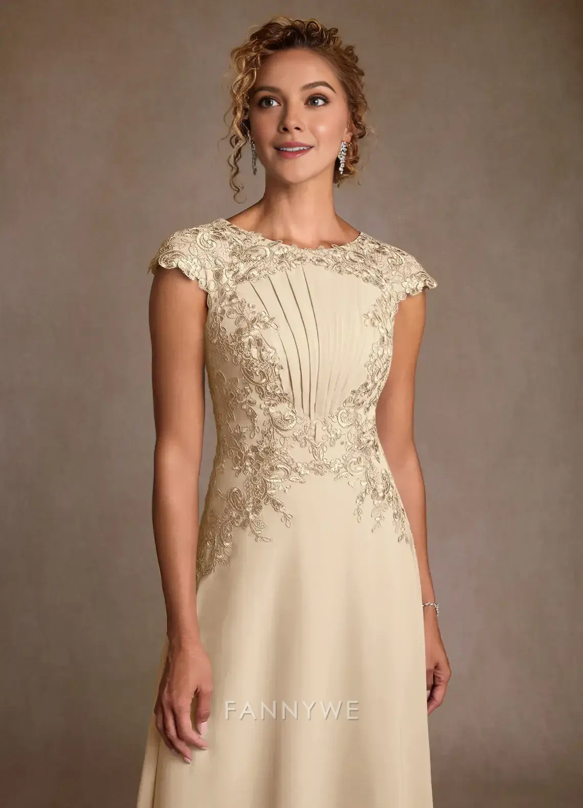 Elegant Cap Sleeve Lace-Embroidered A-Line Maxi Dress Mother of the Bride Dress